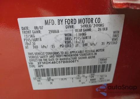 2007 Ford Edge Sel из США, поврежденный, VIN 2FMDK48C57BB50871